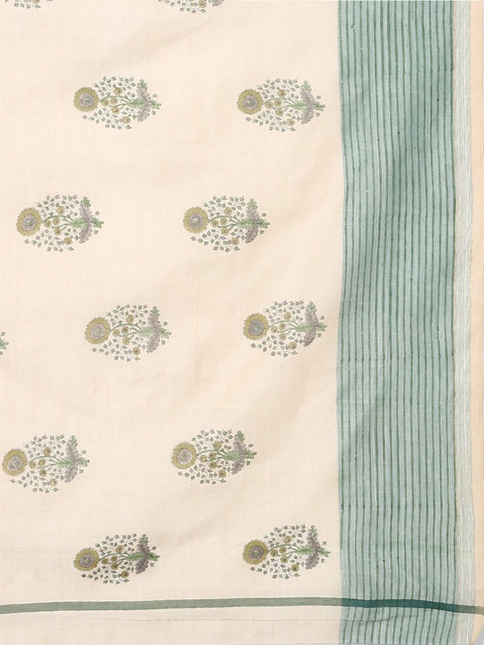 Off white & green block print cotton saree