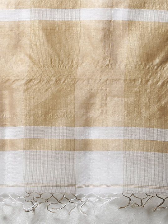Brown white checks handloom cotton silk saree