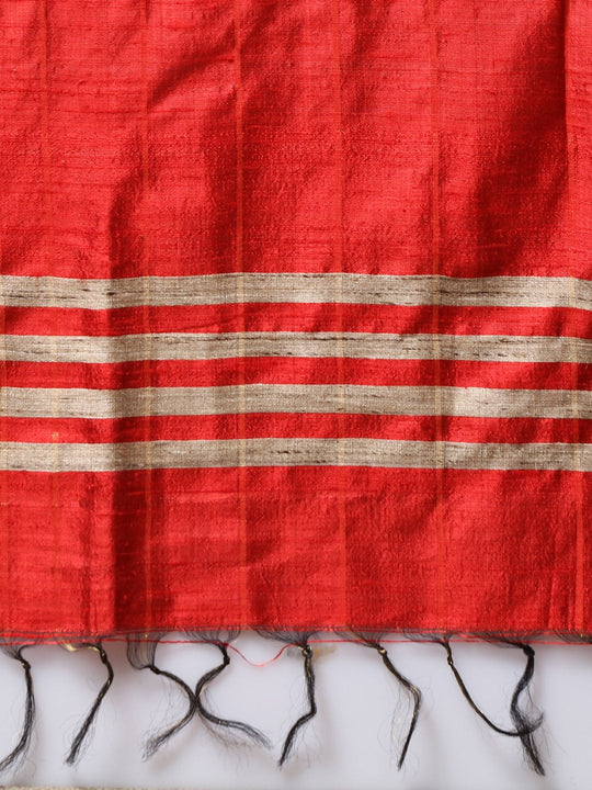 Red orange handloom tussar silk saree