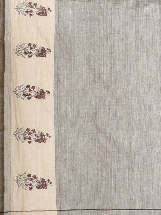 Light grey block print cotton saree