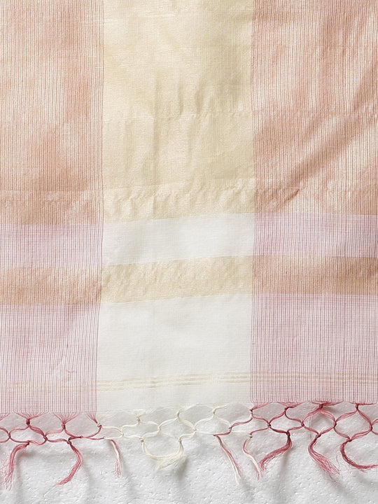 Peach white checks handloom cotton silk saree