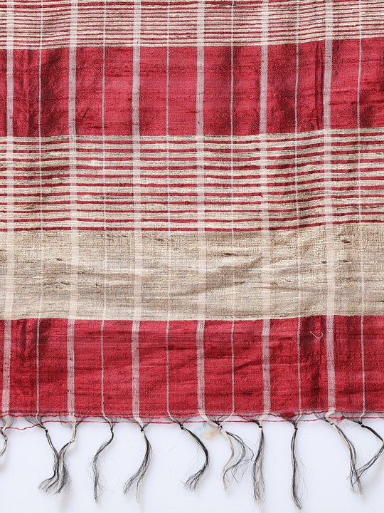 Burgundy checks handloom tussar silk saree