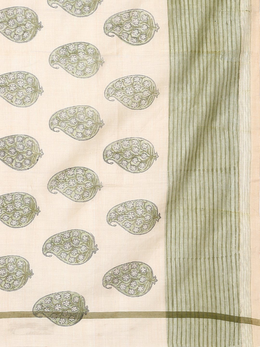 Off white & green block print cotton saree