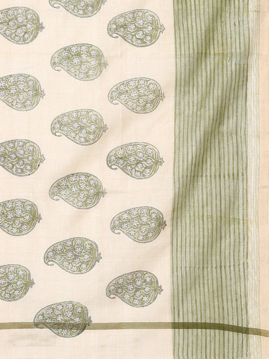 Off white & green block print cotton saree