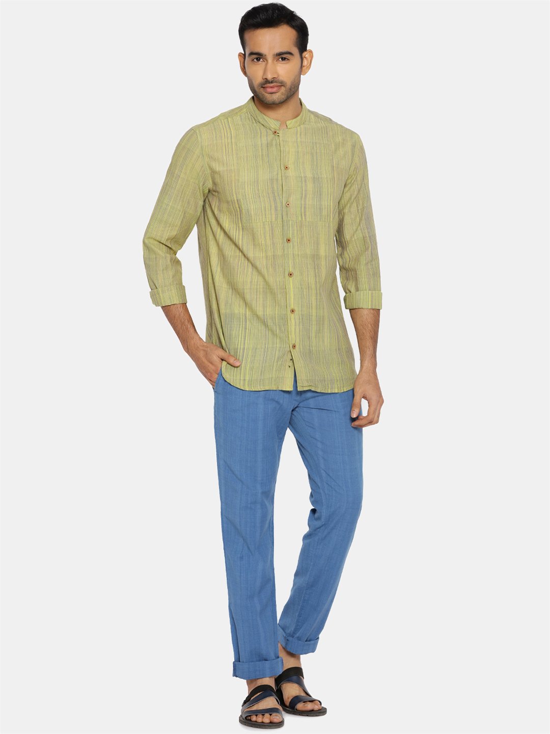 Lime green striped mandarin collared shirt