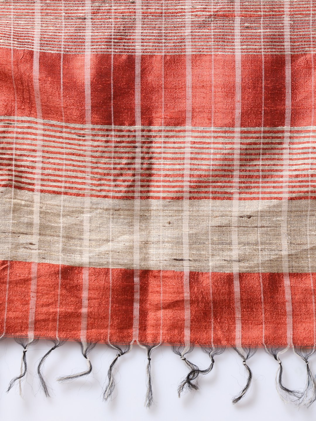 Rust brown checks handloom tussar silk saree