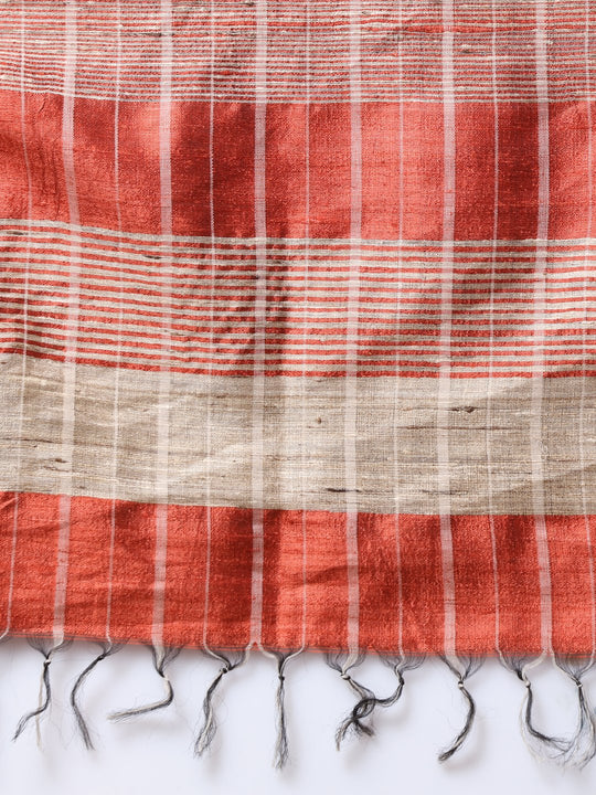 Rust brown checks handloom tussar silk saree