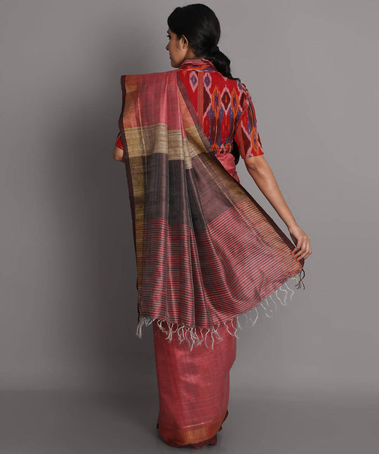 Peach pink handwoven tussar silk saree