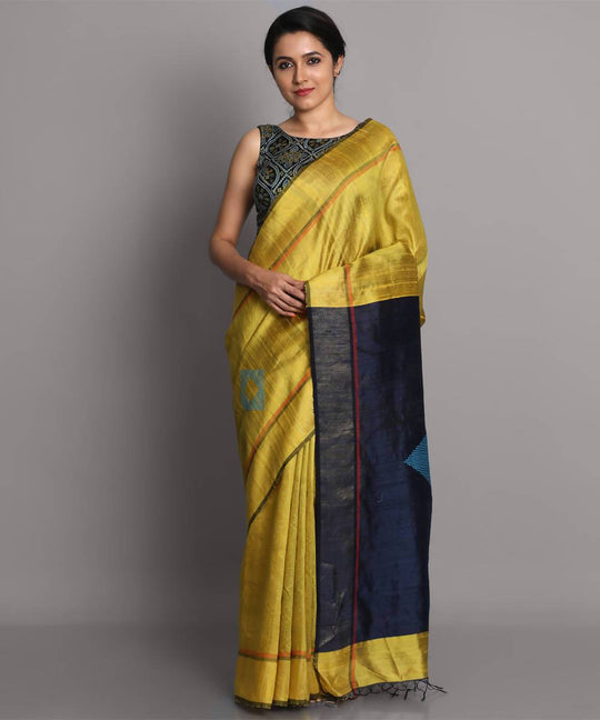 Yellow handwoven tussar silk saree