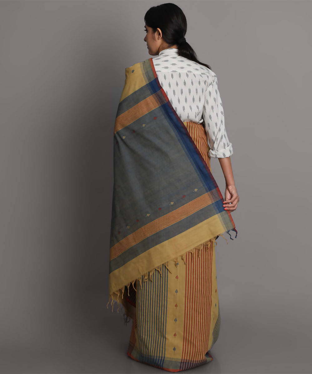 Brown blue cotton srikakulam jamdani handwoven saree