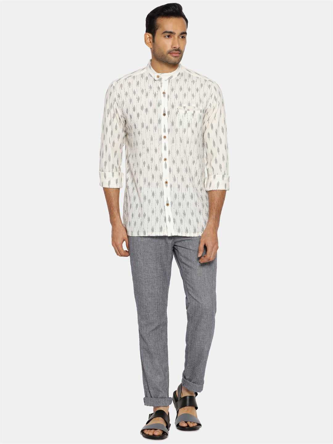 White ikat extended collared shirt