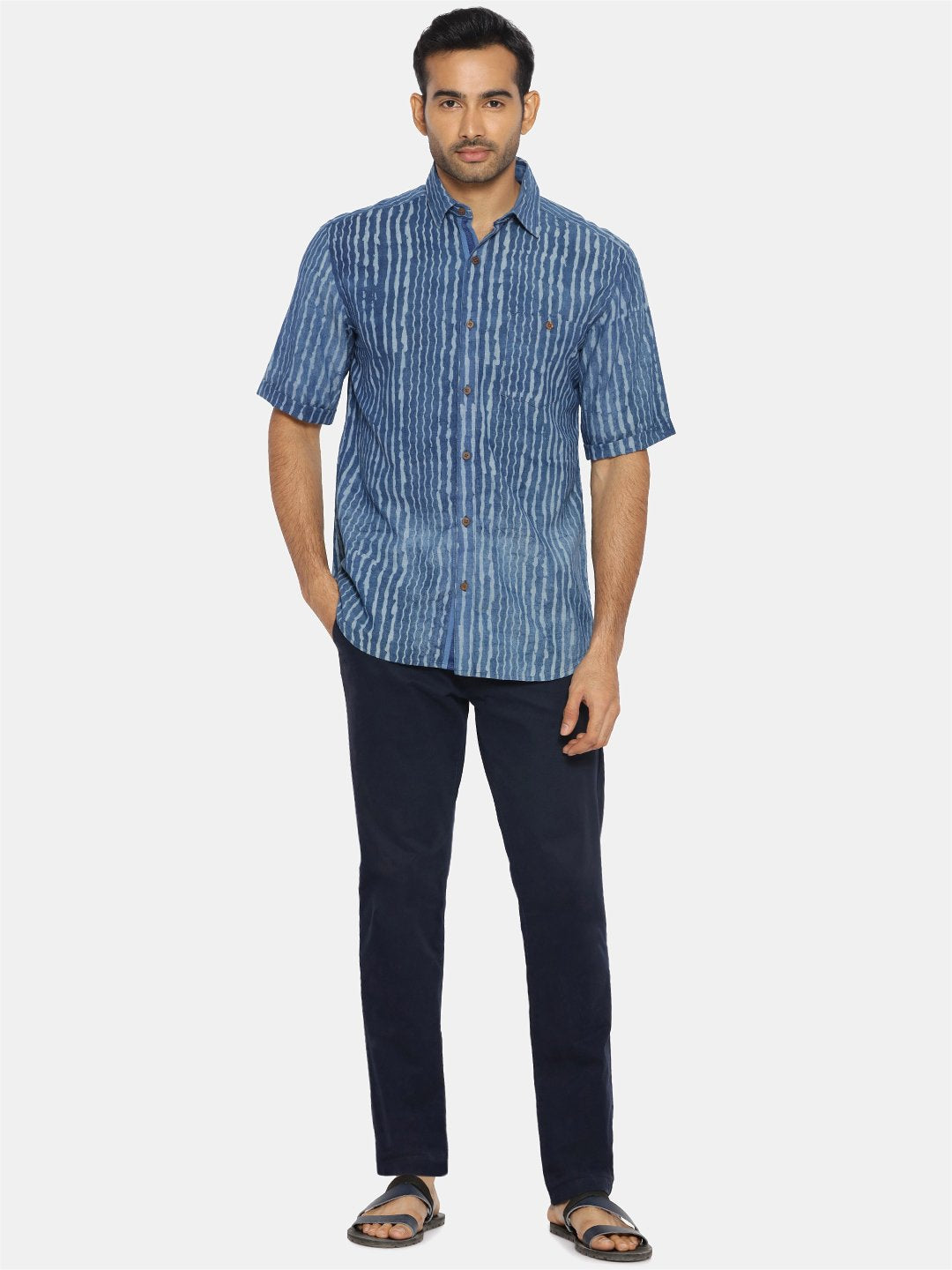 Handblock indigo short sleeve shirt