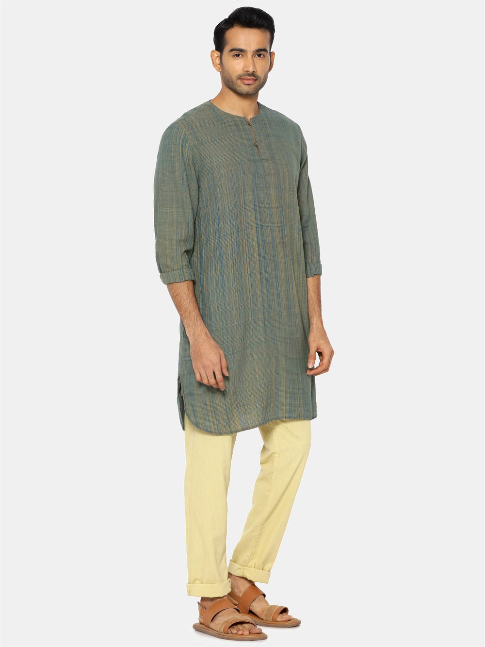 Bottle green round collared kurta