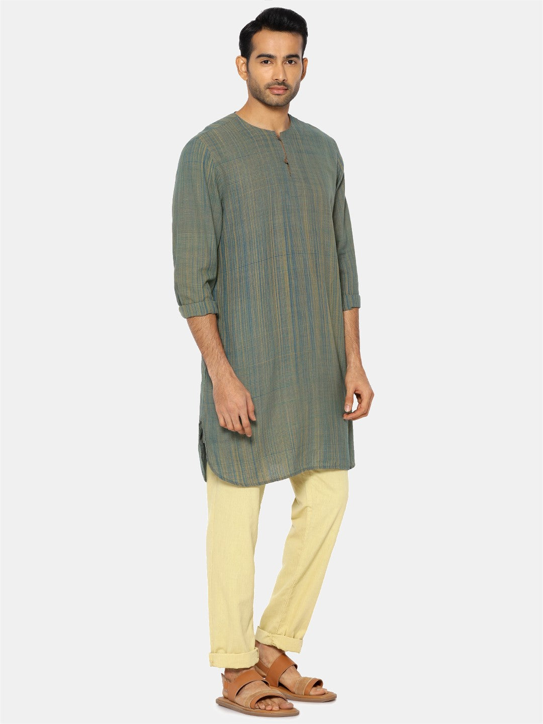 Bottle green round collared kurta