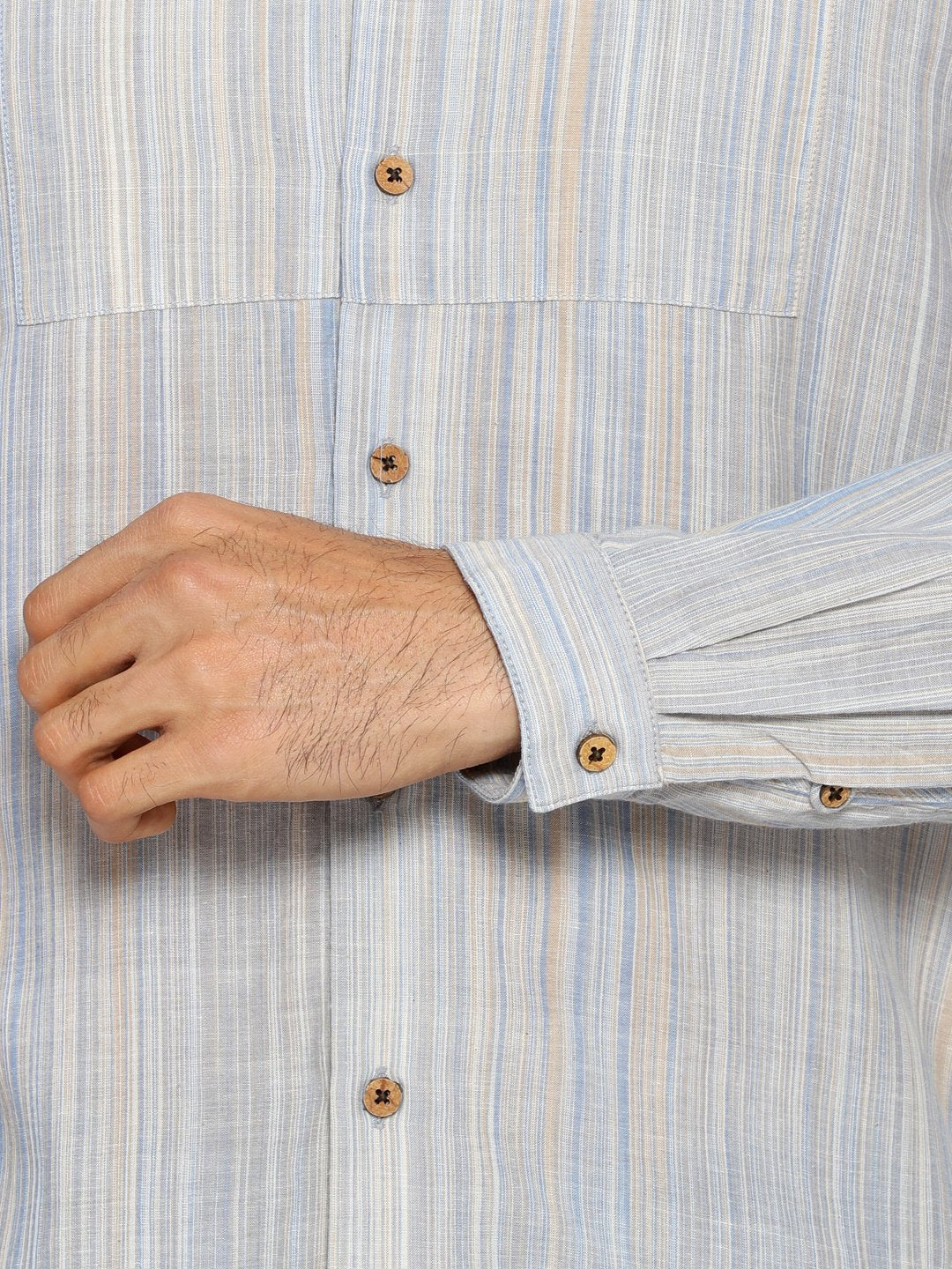 Light blue striped mandarin collar shirt