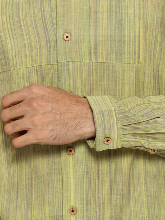 Lime green striped mandarin collared shirt