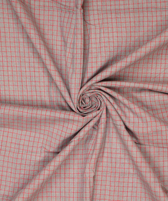 Grey red checks handspun handwoven bengal cotton fabric