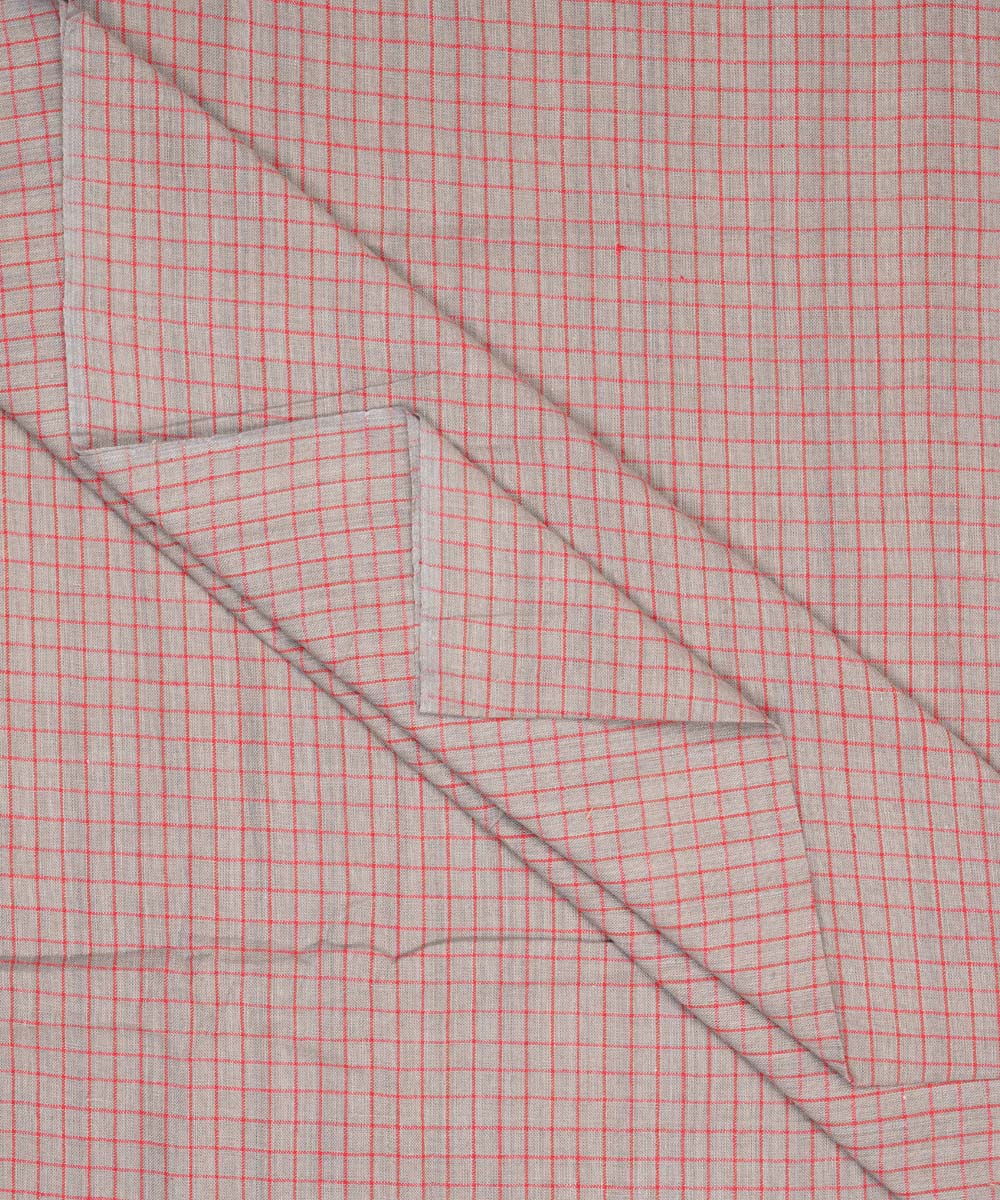 Grey red checks handspun handwoven bengal cotton fabric