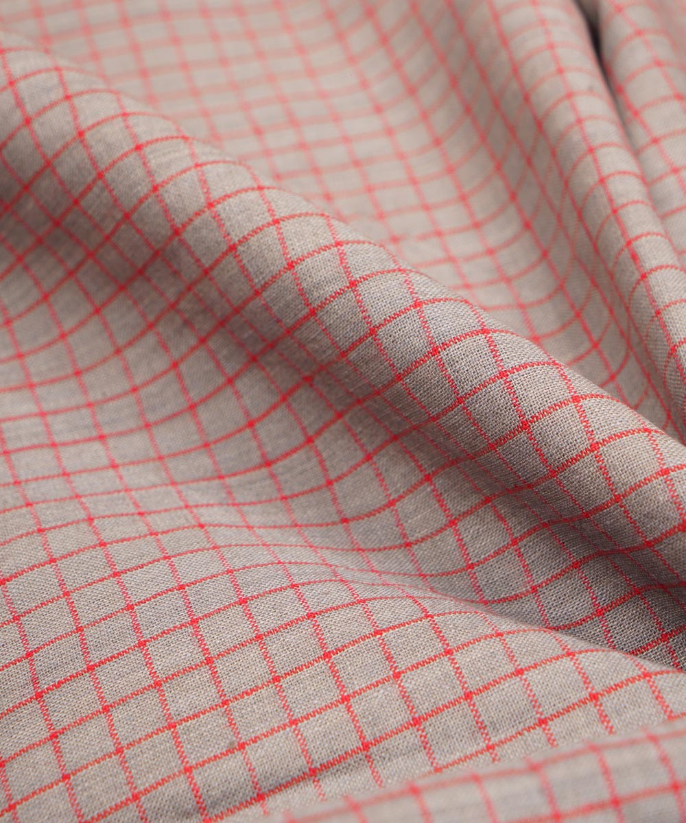 Grey red checks handspun handwoven bengal cotton fabric