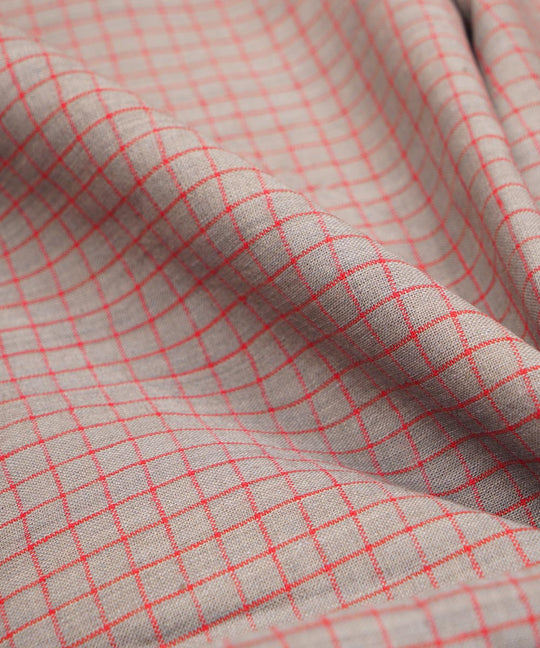 Grey red checks handspun handwoven bengal cotton fabric
