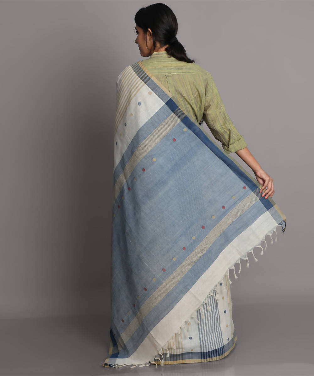 White and blue cotton srikakulam jamdani handwoven saree