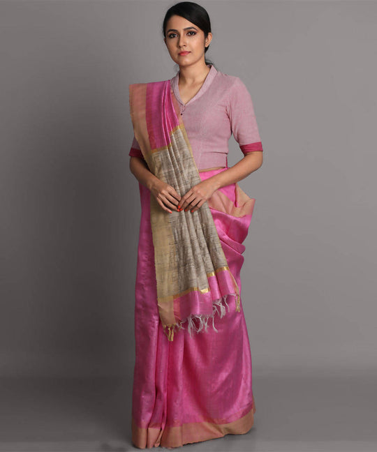Pink handwoven tussar silk saree
