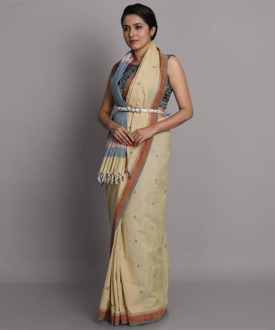 Beige jamdani cotton handwoven saree