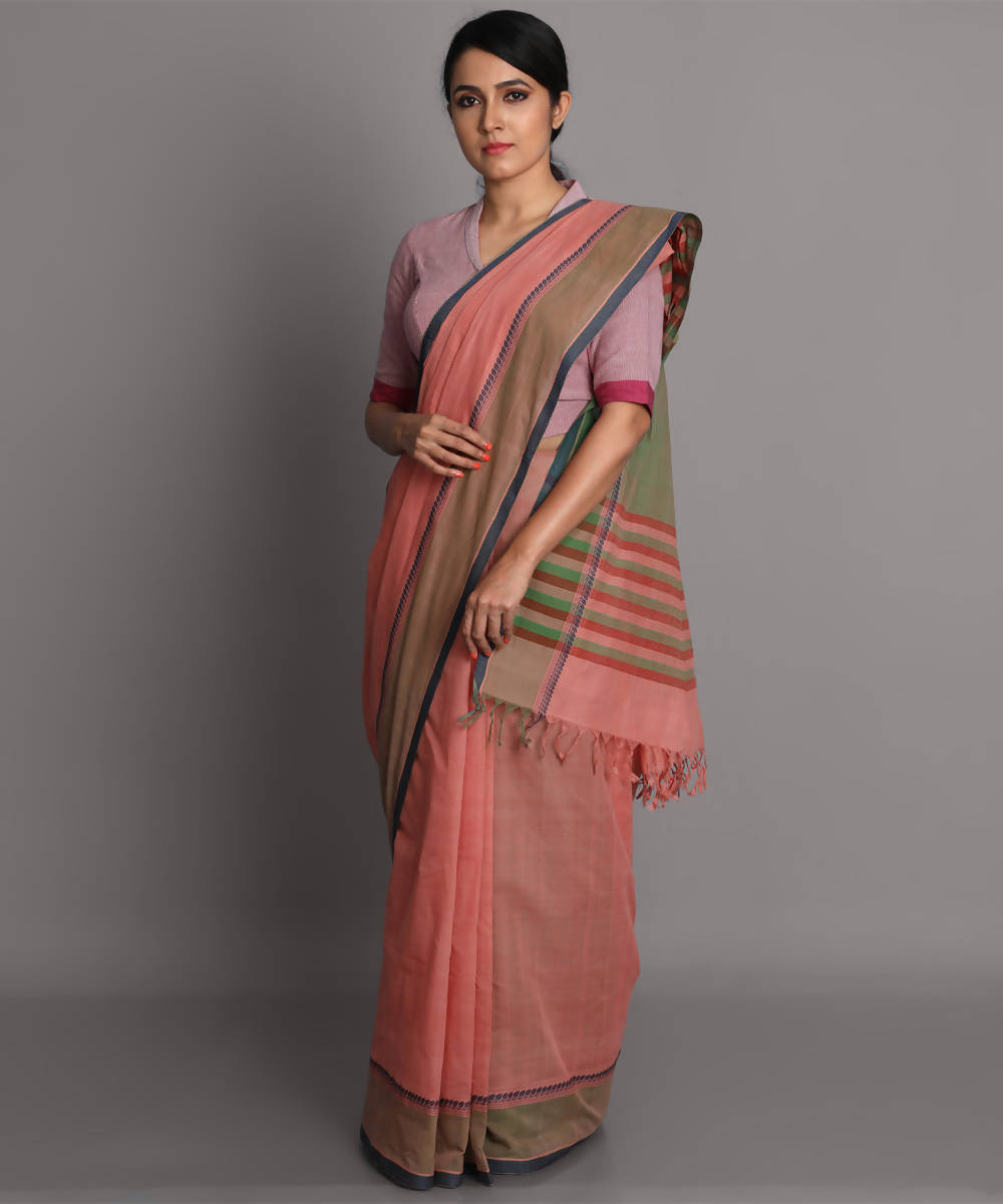 Peach cotton handwoven saree