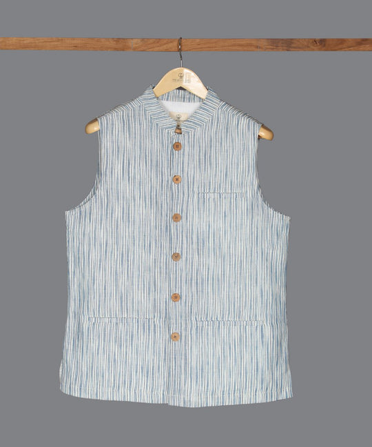 Blue and white ikat cotton linen nehru jacket