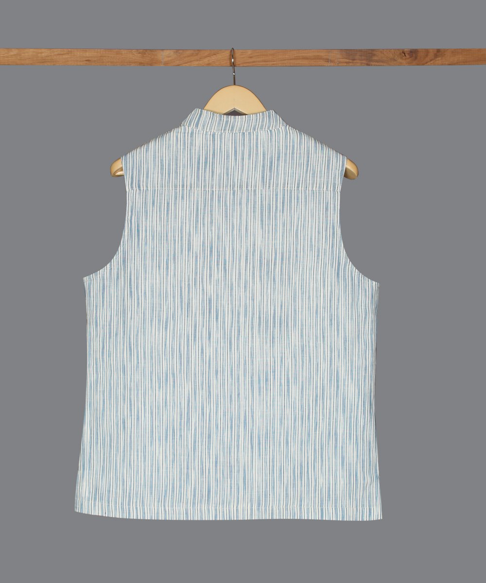 Blue and white ikat cotton linen nehru jacket