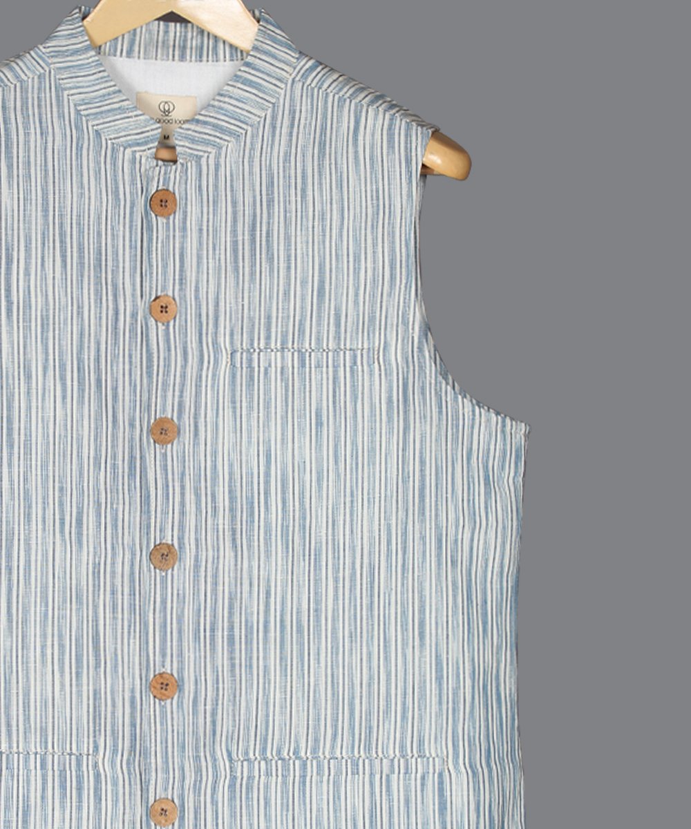 Blue and white ikat cotton linen nehru jacket