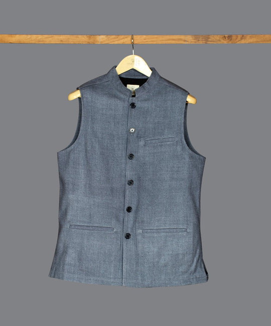 Steel grey noil silk nehru jacket