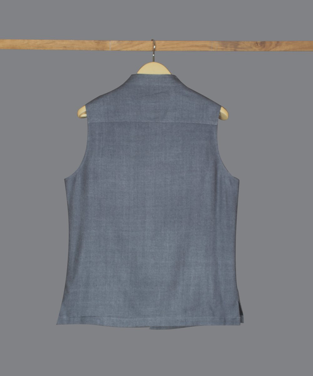 Steel grey noil silk nehru jacket
