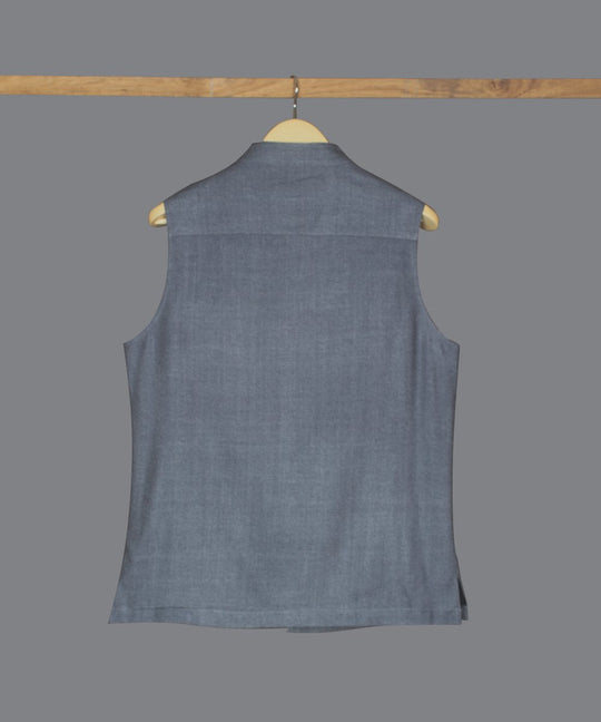 Steel grey noil silk nehru jacket