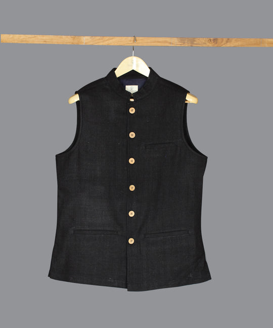 Black noil silk nehru jacket