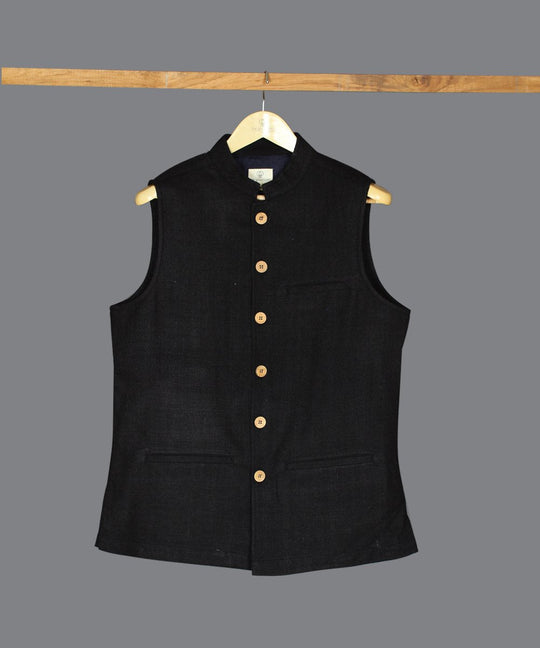 Black noil silk nehru jacket