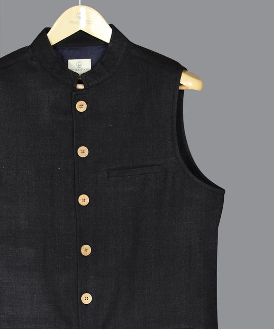 Black noil silk nehru jacket