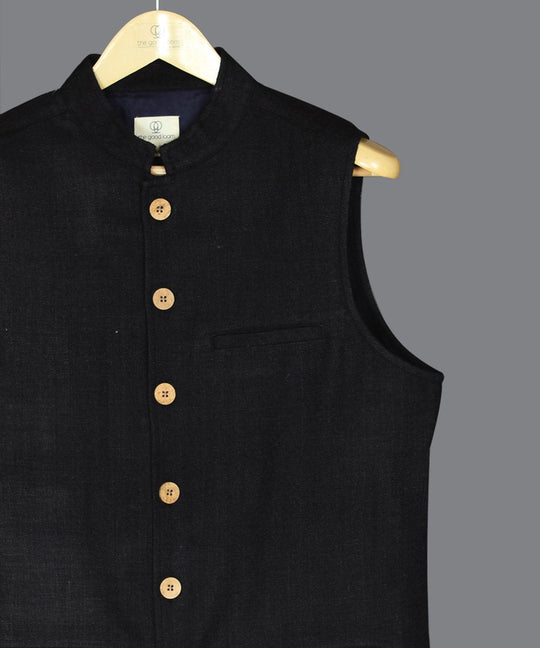 Black noil silk nehru jacket