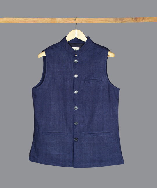 Indigo noil silk nehru jacket