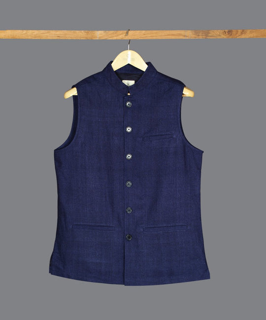 Indigo noil silk nehru jacket
