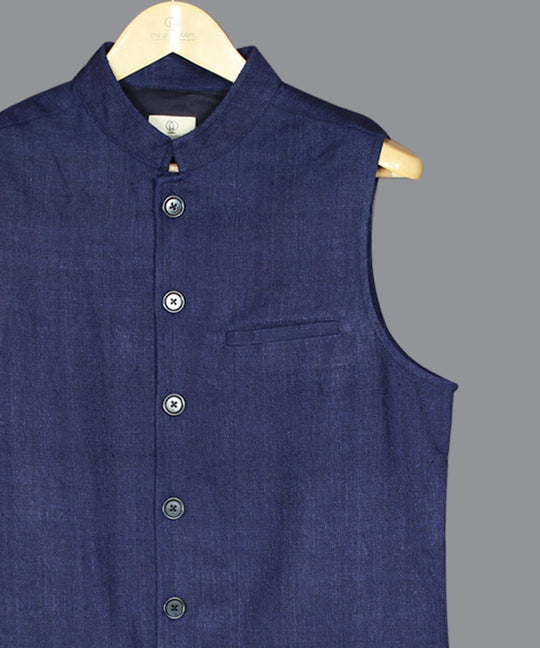 Indigo noil silk nehru jacket