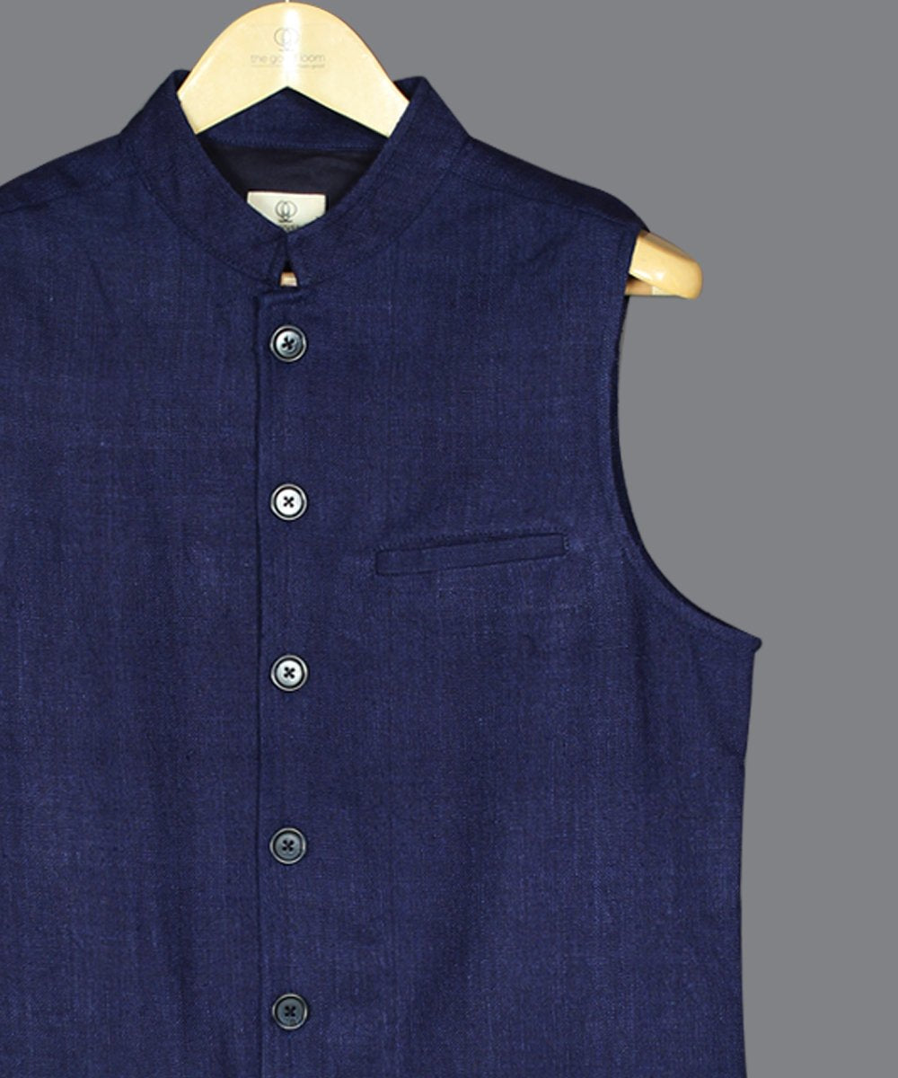 Indigo noil silk nehru jacket
