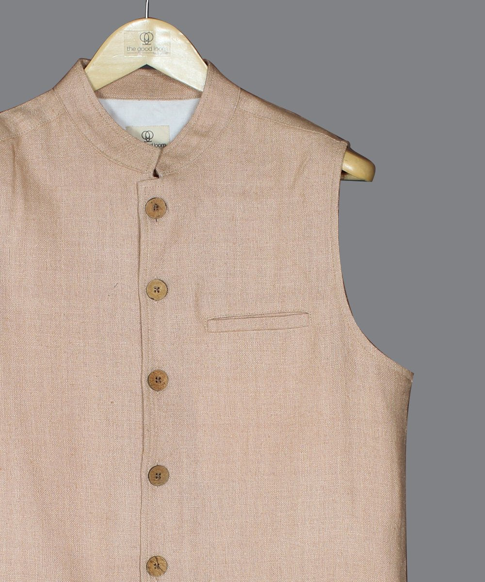 Sand beige noil silk nehru jacket