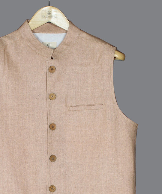 Sand beige noil silk nehru jacket