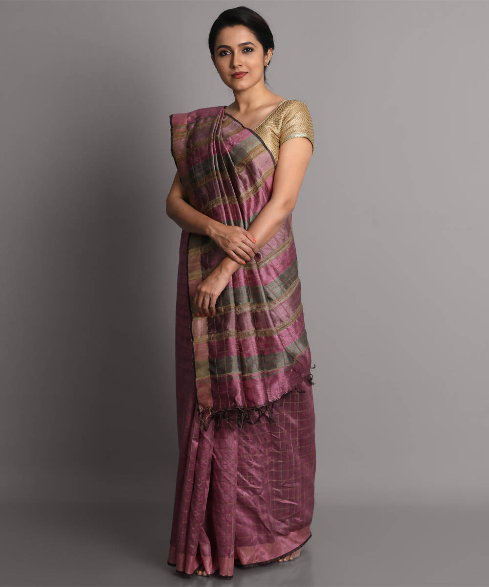 Rose pink handwoven tussar silk saree