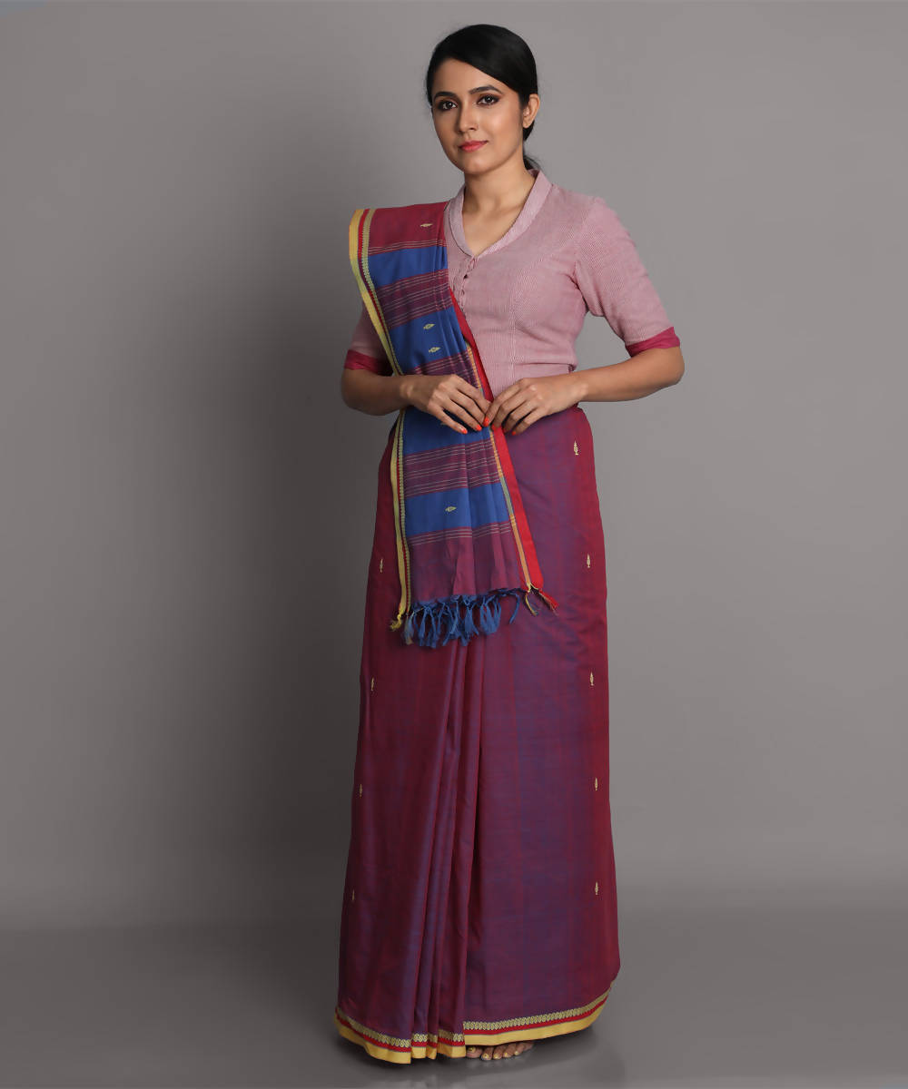 Magenta blue cotton handwoven saree