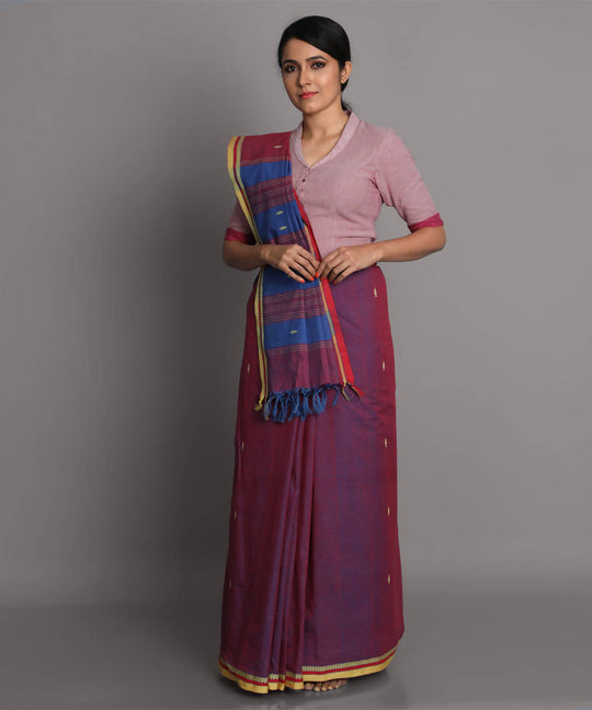 Magenta blue cotton handwoven saree