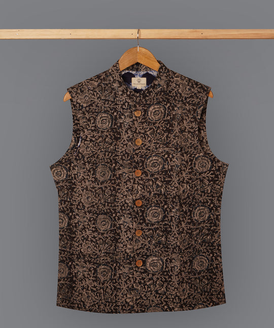 Black handblock print kalamkari cotton nehru jacket