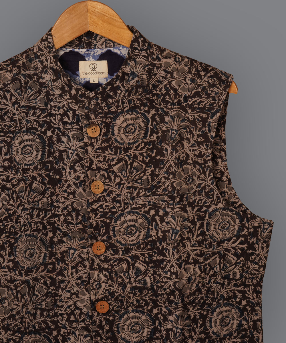 Black handblock print kalamkari cotton nehru jacket