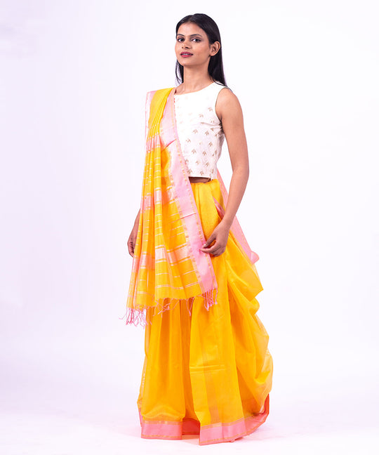 Yellow pink handwoven maheshwari cotton silk saree